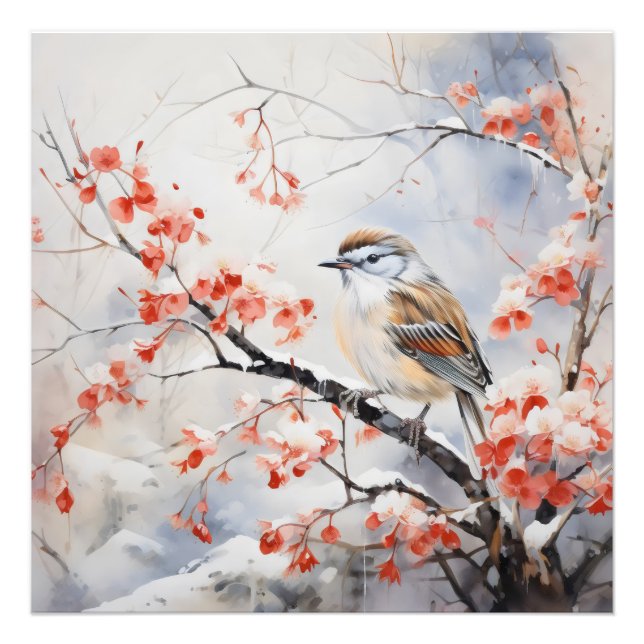 Bird Winter Blume Fotodruck (Vorne)