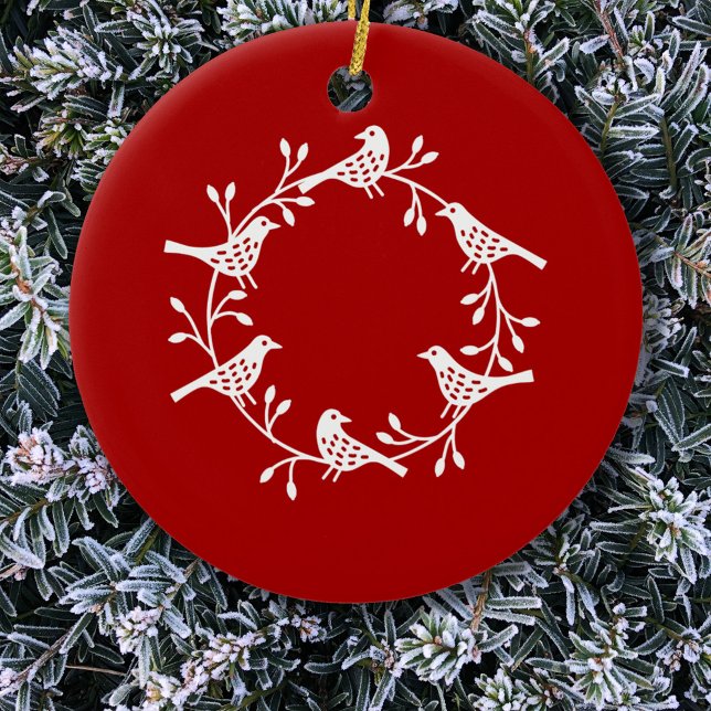 Bird Wreath White Red Keramik Ornament (Scandinavian bird wreath white on red Christmas ornament)