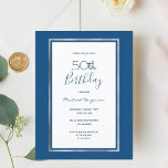 Birday blue white silber elegante Einladung Postkarte<br><div class="desc">vorne: Klassischer blauer Hintergrund mit einem silberfarbenen und weißen Imitat. Einfach und elegant! Vorlagen für einen Namen und Party Details. Der Name und der Text: 50. (oder jedes Alter) Geburtstag werden mit einem handgeschriebenen Stift geschrieben, blaue Buchstaben. Ideal für einen Winter-, Frühlings- oder nautischen Sommer Geburtstagsparty! Zurück: Klassisch blauer Hintergrund....</div>
