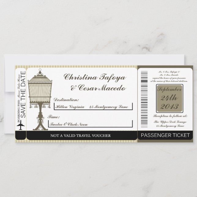 Birdcage/Gray Str Boarding Pass Einladung Hochzeit (Vorderseite)