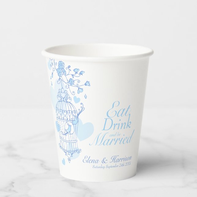  Birdcage Hochzeit individuelle Name blau-weiß Pappbecher (Vorderseite)