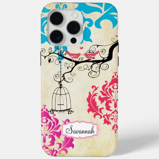 Birdcage Oiseau Corail rose Aqua Damask coque ipho (Verso)
