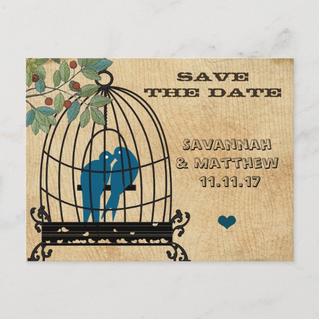 Birdcage Save the Date auf Holzkörner-Postkarte Ankündigungspostkarte (Vorderseite)