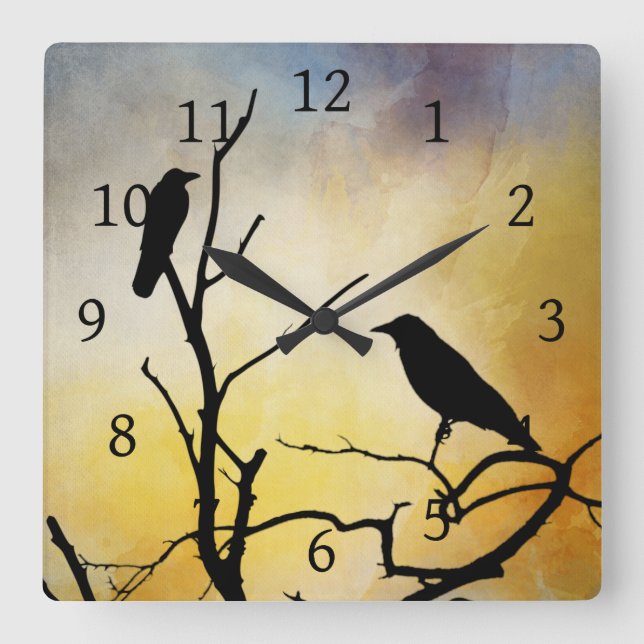 Birden auf Baumvogel 95 Orange Quadratische Wanduhr (Vorderseite)