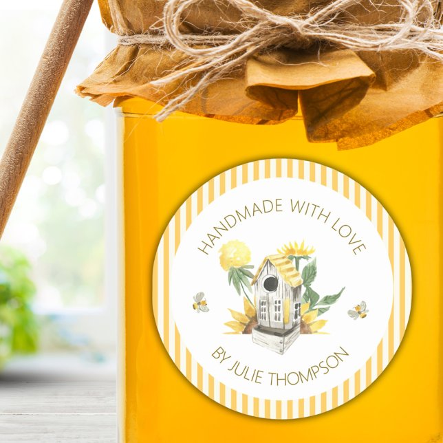 Birdhouse & Bees 🐝 Pinstripes Custom Honey Runder Aufkleber (Birdhouse & Bees 🐝 Pinstripes Custom Honey Classic Round Sticker)