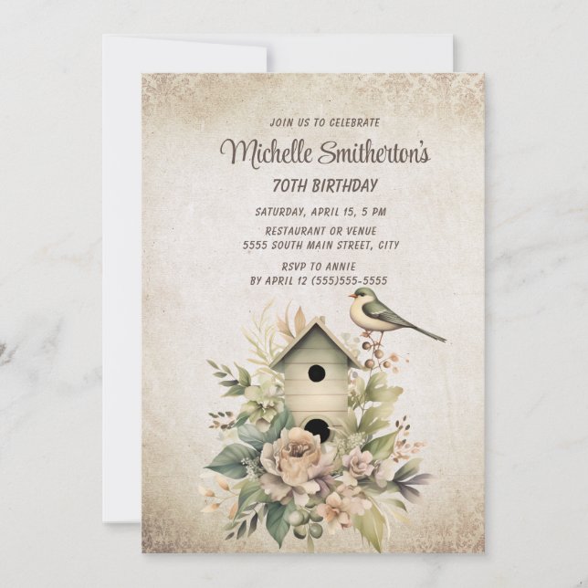 Birdhouse Botanische Natur 70. Geburtstag Einladung (Vorderseite)