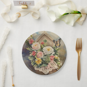 Birdhouse Bouquet - Sm Round Paper Plate Pappteller