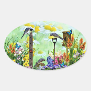Birdhouse Flower Garden Ovaler Aufkleber