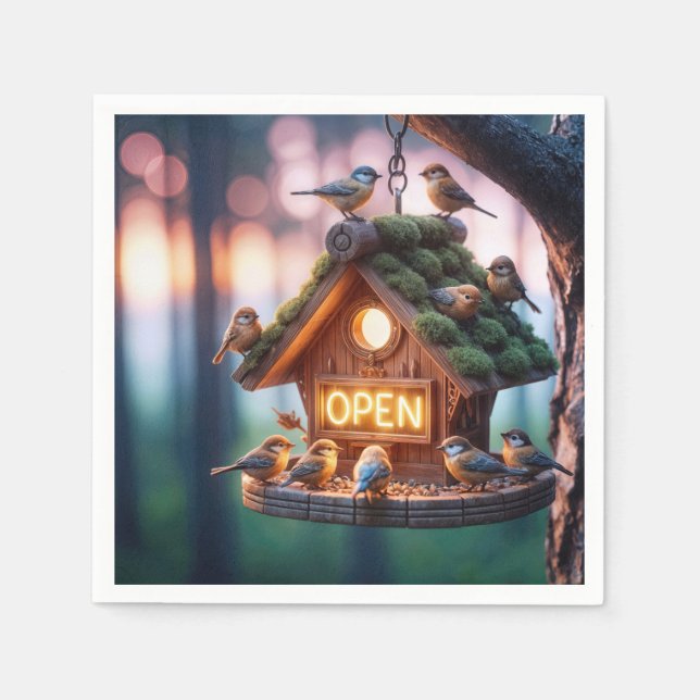 Birdhouse mit Neon Open Sign Serviette (Vorderseite)