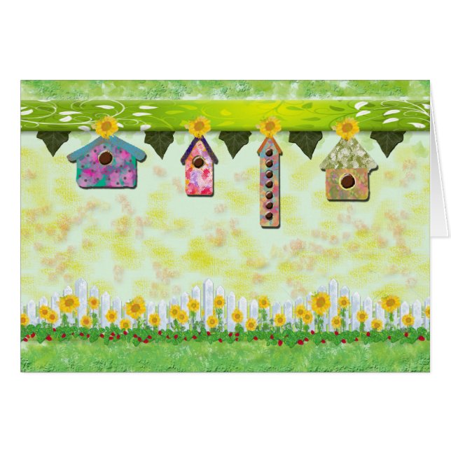Birdhouses-im Frühjahr Karte (Vorderseite (Horizontal))