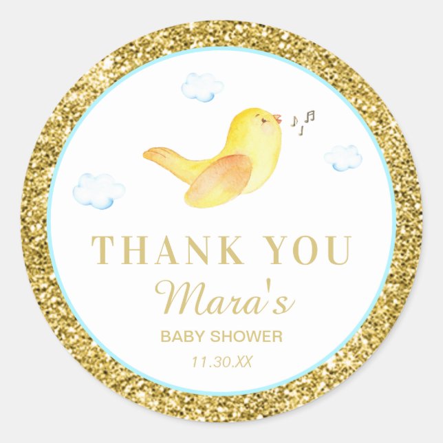 *~* Birdie Glitzer Sky Baby Dusche Vielen Dank Runder Aufkleber (Vorderseite)