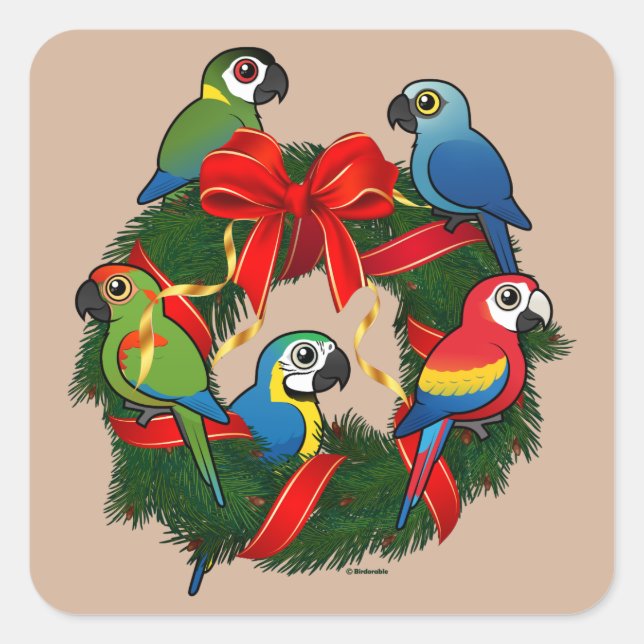 Birdorable Macaws Weihnachtskrieg Quadratischer Aufkleber (Vorderseite)