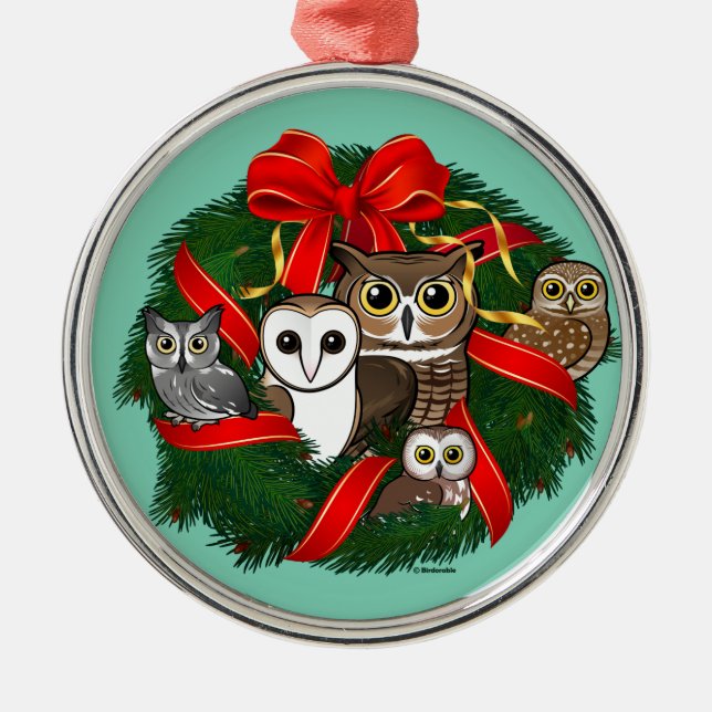 Birdorable Owls Weihnachtskranz Silbernes Ornament (Vorne)