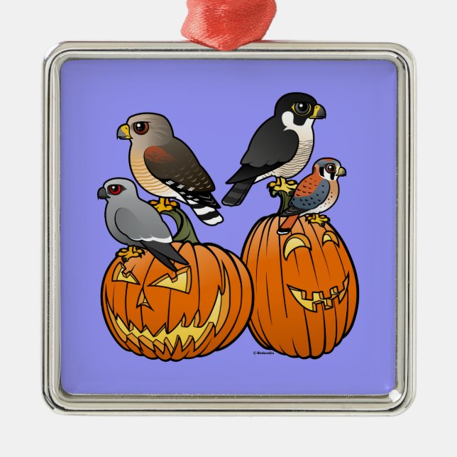 Birdorable Raubvögel auf Kürbisen Silbernes Ornament (Vorne)