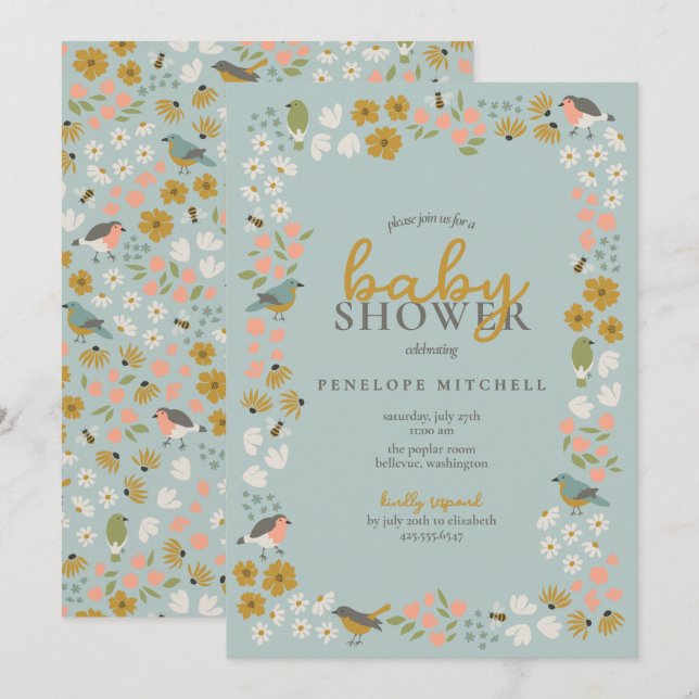 Birds and Bees Floral Baby Shower  Einladung (Vorne/Hinten)