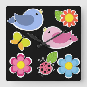 BIRDS AND FLOWERS PATTERN QUADRATISCHE WANDUHR