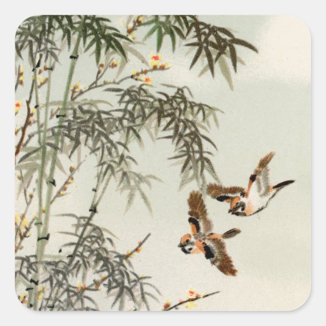 Birds Bamboo Asiatisch Japanisch Vintag Quadratischer Aufkleber (Vorderseite)