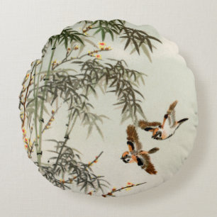 Birds Bamboo Asiatisch Japanisch Vintag Rundes Kissen