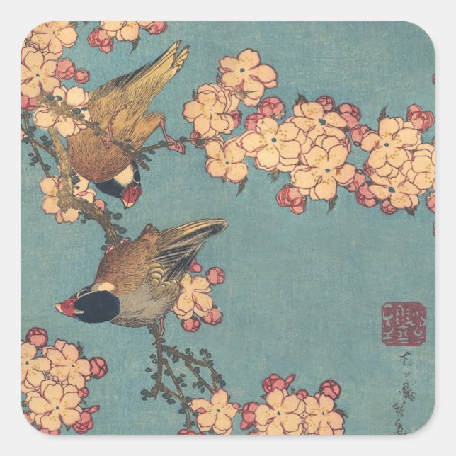 Birds Blume Hokusai Japanische Kunst Quadratischer Aufkleber (Vorderseite)