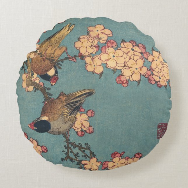 Birds Blume Hokusai Japanische Kunst Rundes Kissen (Vorderseite)