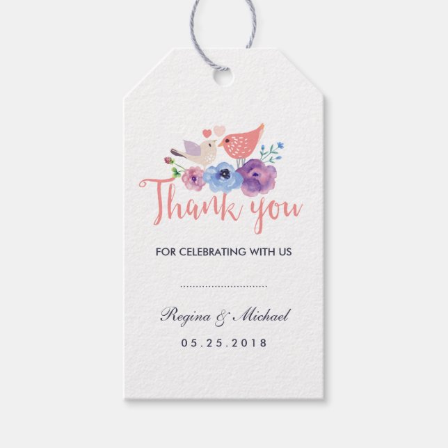 Birds florale Gastgeschenk Hochzeit Vielen Dank fü Geschenkanhänger (Vorderseite)