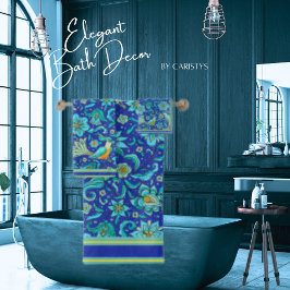 Birds Florals Royal Blue, Yellow, Aqua Badhandtuch Set