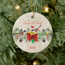 Birds Garland & Pinecones Weihnachts-Foto Keramik Ornament