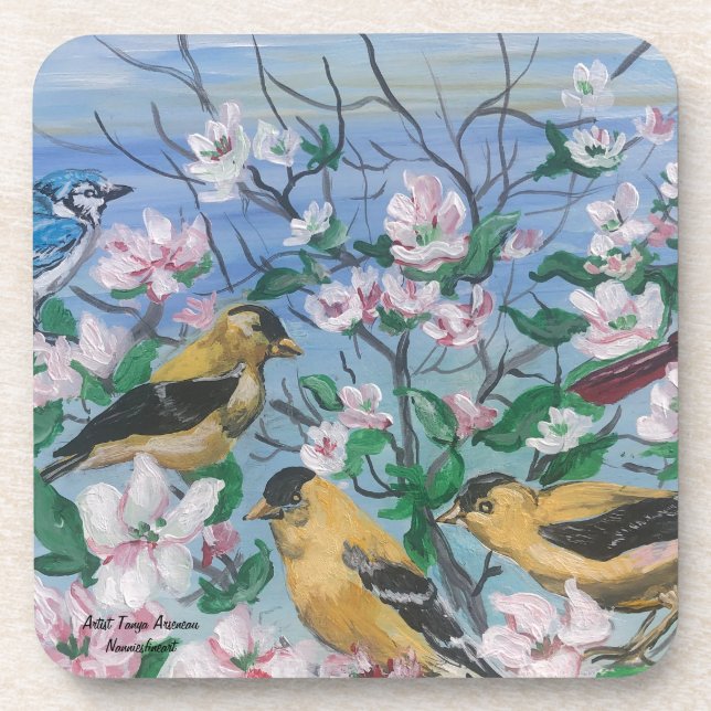 Birds gelbe Finkenblüte Handgemalt Original Getränkeuntersetzer (Vorderseite)