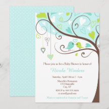 Birds Hearts Tree Blue und Green Baby Shower