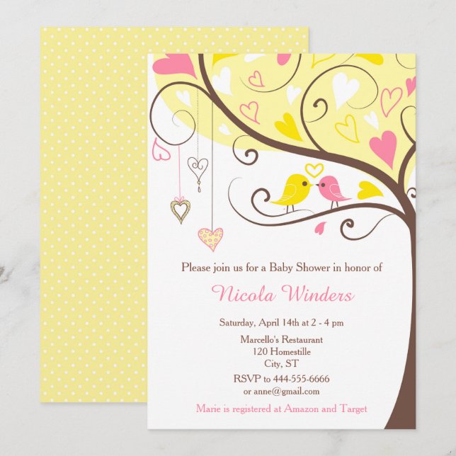 Birds Hearts Tree Gelb und Coral Baby Dusche Einladung (Vorne/Hinten)