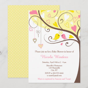 Birds Hearts Tree Gelb und Coral Baby Dusche Einladung