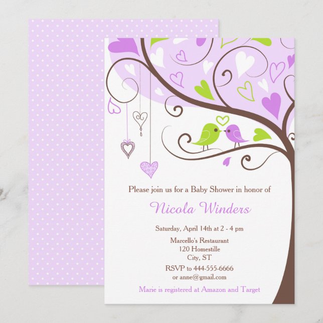 Birds Hearts Tree Lila und Green Baby Shower Einladung (Vorne/Hinten)