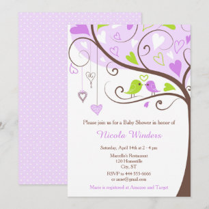 Birds Hearts Tree Lila und Green Baby Shower Einladung