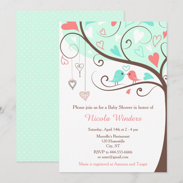 Birds Hearts Tree Mint und Coral Baby Dusche Einladung (Vorne/Hinten)