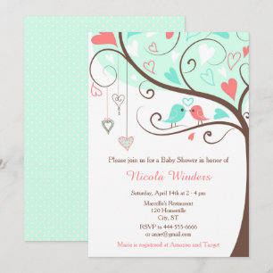 Birds Hearts Tree Mint und Coral Baby Dusche Einladung