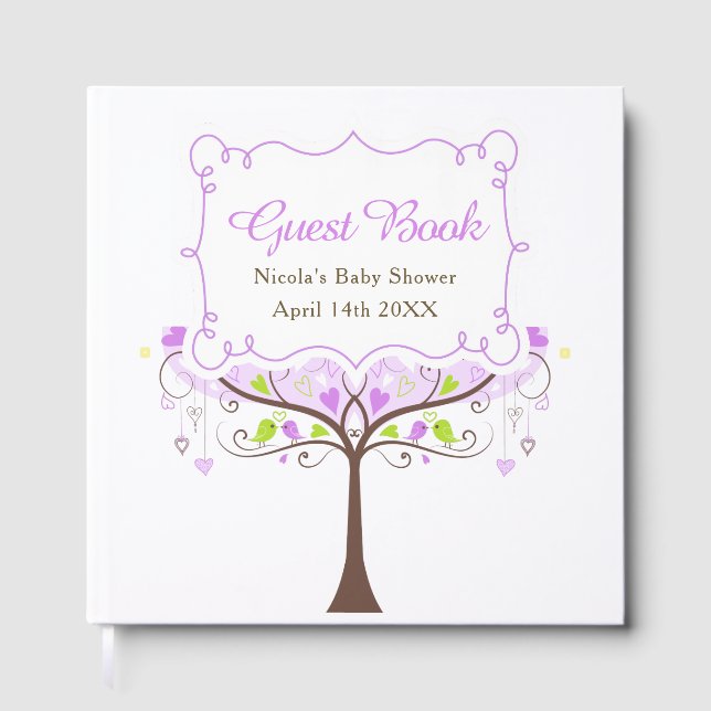 Birds Hearts Tree Purple and Green Baby Shower Gästebuch (Vorderseite)