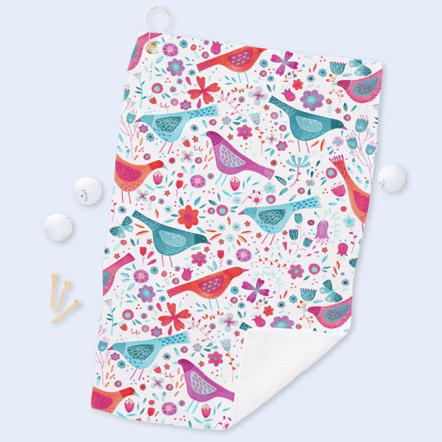 Birds in a Garden Modern Boho Watercolor Golfhandtuch (Birds and flowers pattern watercolor art golf towel)