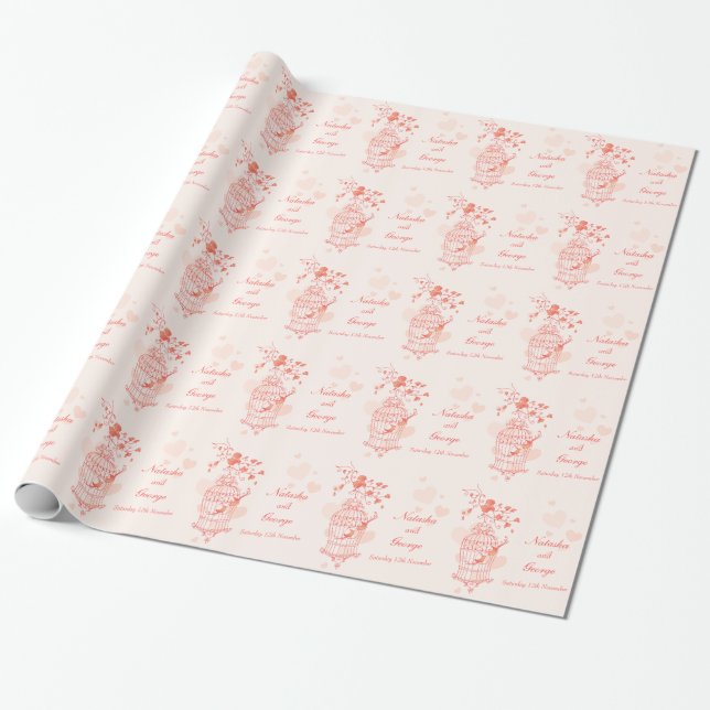 Birds Käfig Korallenorange Hochzeitsstipp Geschenkpapier (Ungerollt)