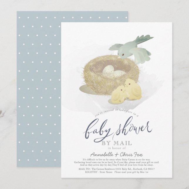Bird's Nest Blue Boy Baby Shower by Mail Einladung (Vorne/Hinten)