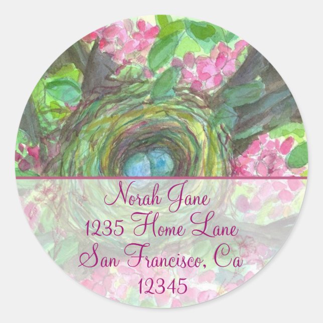 Birds Nest Spring Blume Wasserfarbe Rücksendeadres Runder Aufkleber (Vorderseite)
