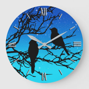 Birds on a Branch, Black Against Evening Blue Große Wanduhr