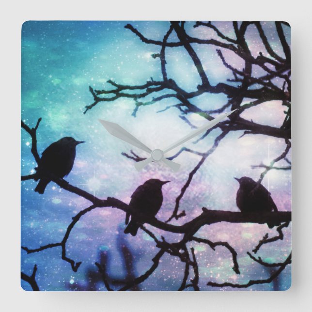 Birds on a Branch - Starlight Wall Clock Quadratische Wanduhr (Vorderseite)