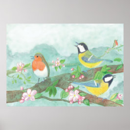 Birds singing on a blossoming tree branch poster