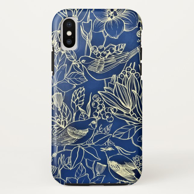 Birds Spring Floral Blossom Blauer Glitzer Case-Mate iPhone Hülle (Rückseite)