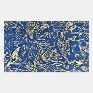 Birds Spring Floral Blossom Blauer Glitzer Rechteckiger Aufkleber