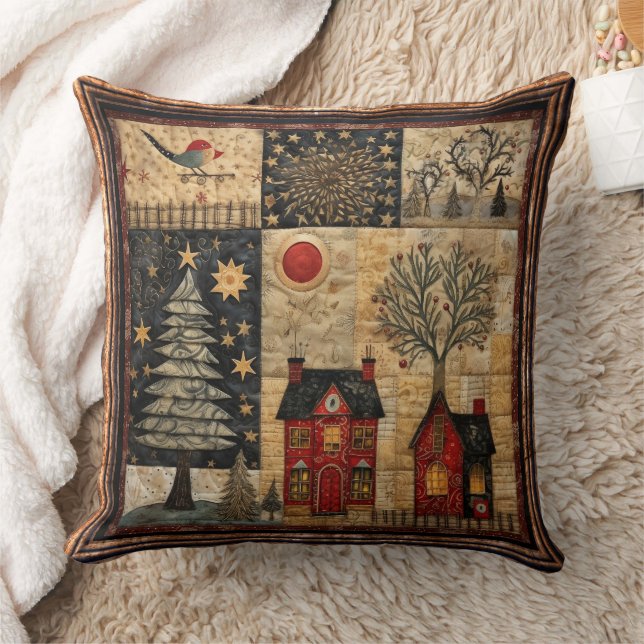 Birds Sun Weihnachts Quilt Rote Häuser Bäume Stern Kissen (Decke)