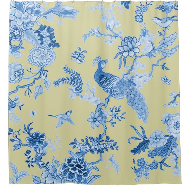 Birds_Toile_Blue u. Senf Duschvorhang (Vorderseite)