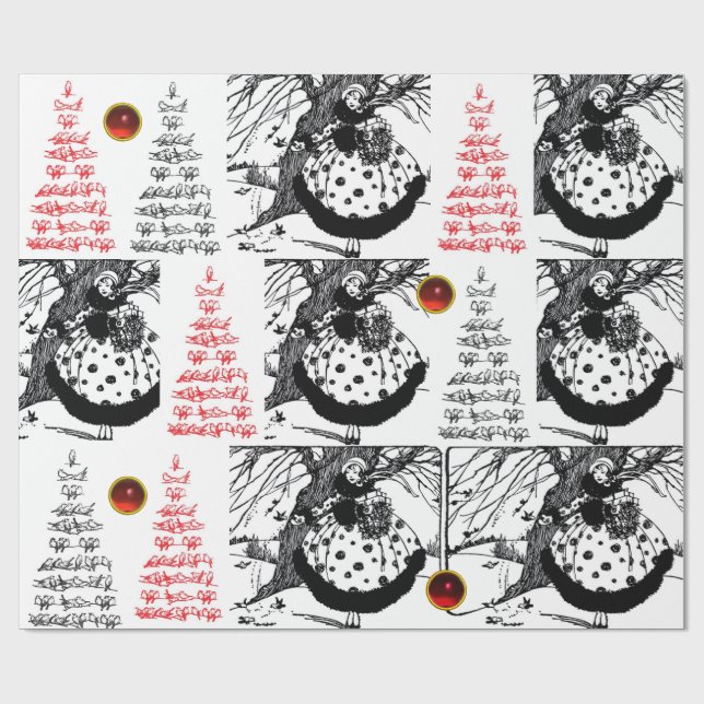 BIRDS TREM UND CHRISTMAS LADY Schwarz-weiß Red Gem Geschenkpapier (Flach)