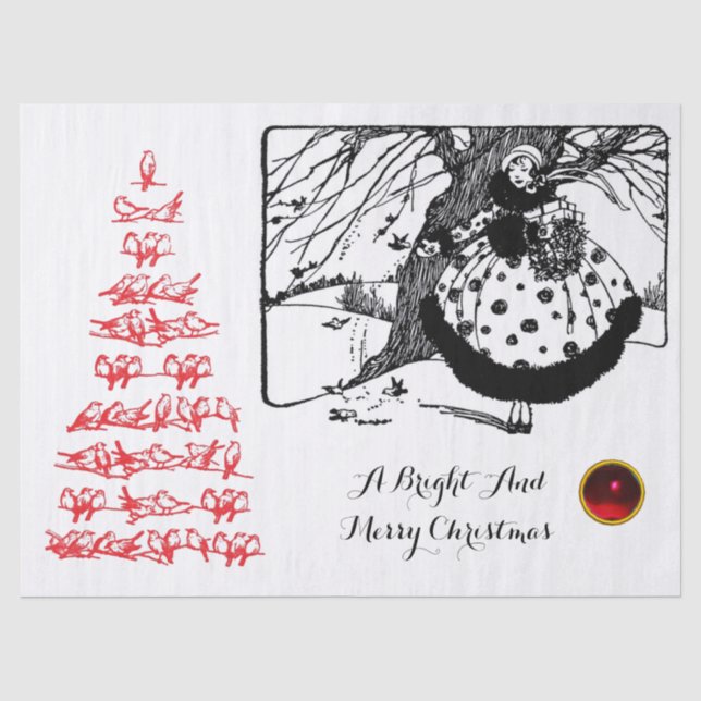BIRDS TREM UND CHRISTMAS LADY Schwarz-weiß Red Gem Seidenpapier (Vorderseite)
