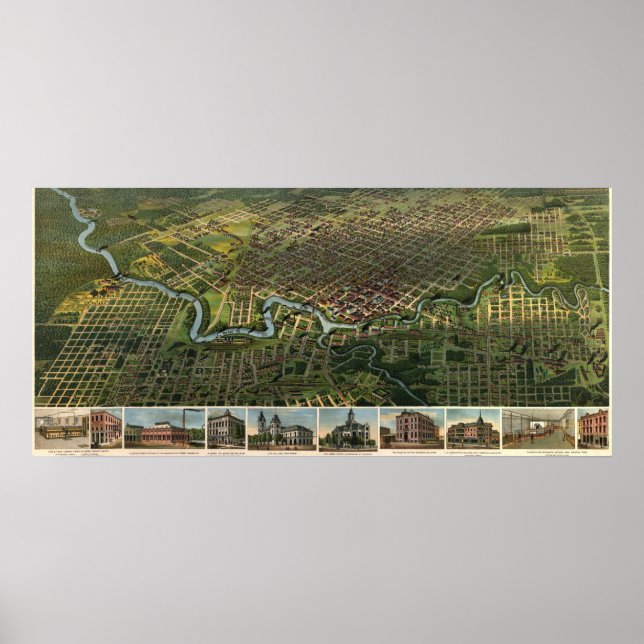 Birdseye Karte von Houston, Texas (1891), Reprint Poster (Vorne)